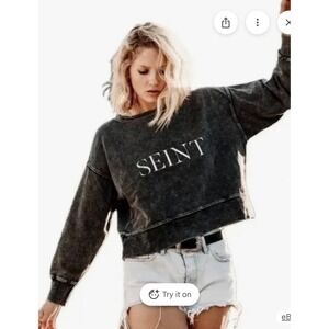 Seint Acid Wash Cropped Sweatshirt Oversized Womens Large Charcoal Grey Pullover